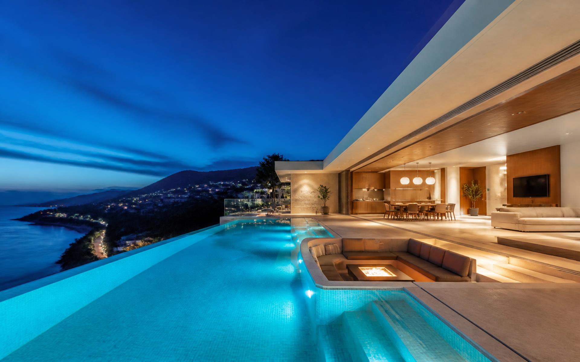 Luxury villa infinity swimming pool maintained by SwimCompany at dusk